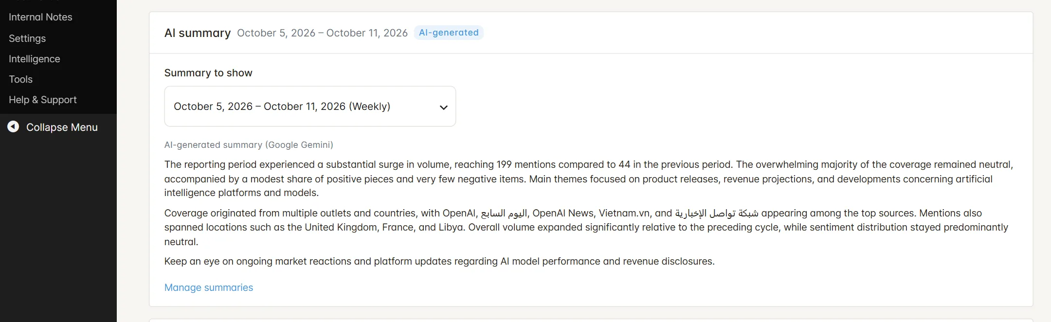 AI summary card on the inMedia Reputation dashboard