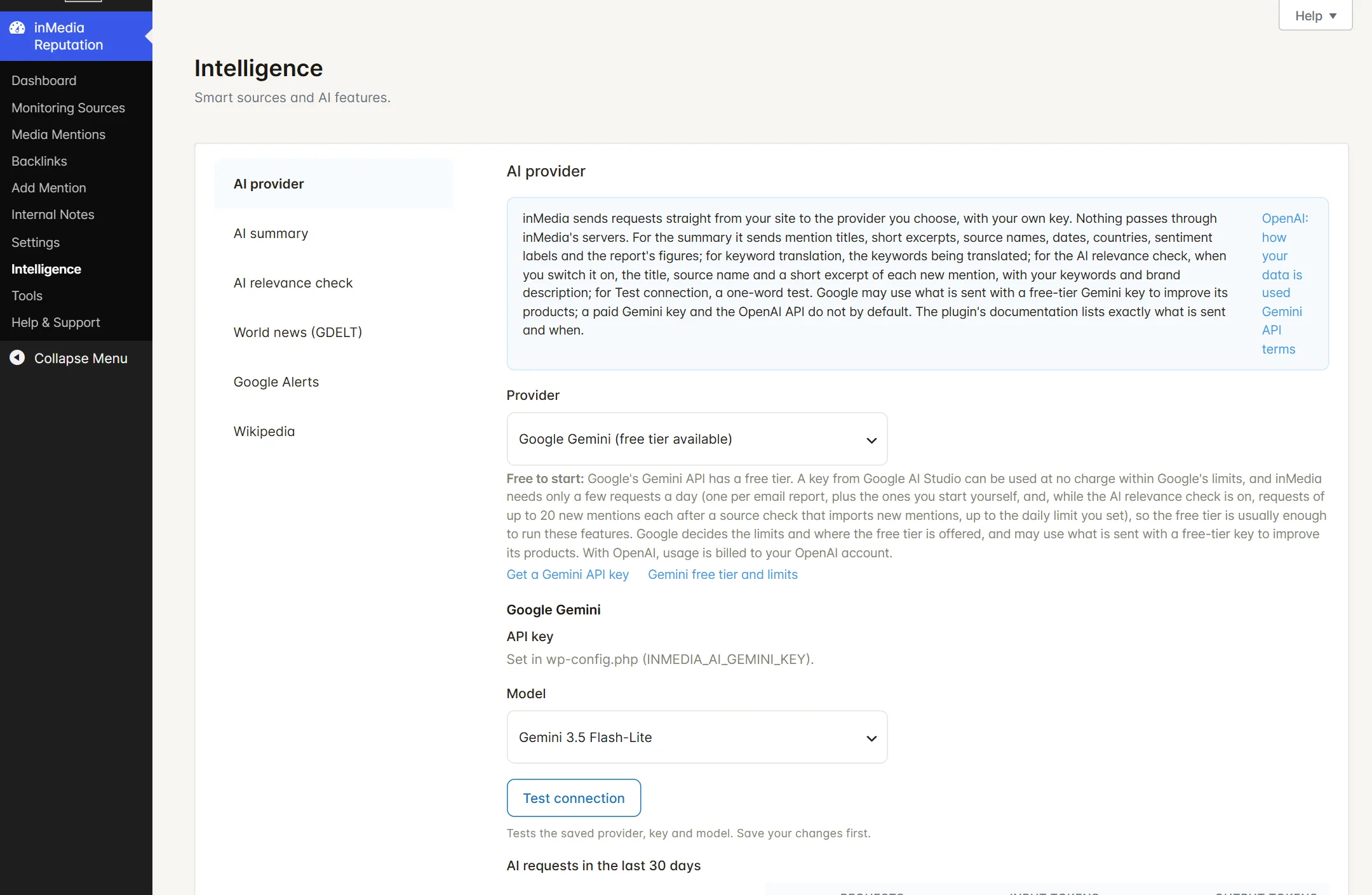 inMedia Reputation Intelligence screen: AI provider, AI summary, AI relevance check, world news through GDELT and Wikipedia