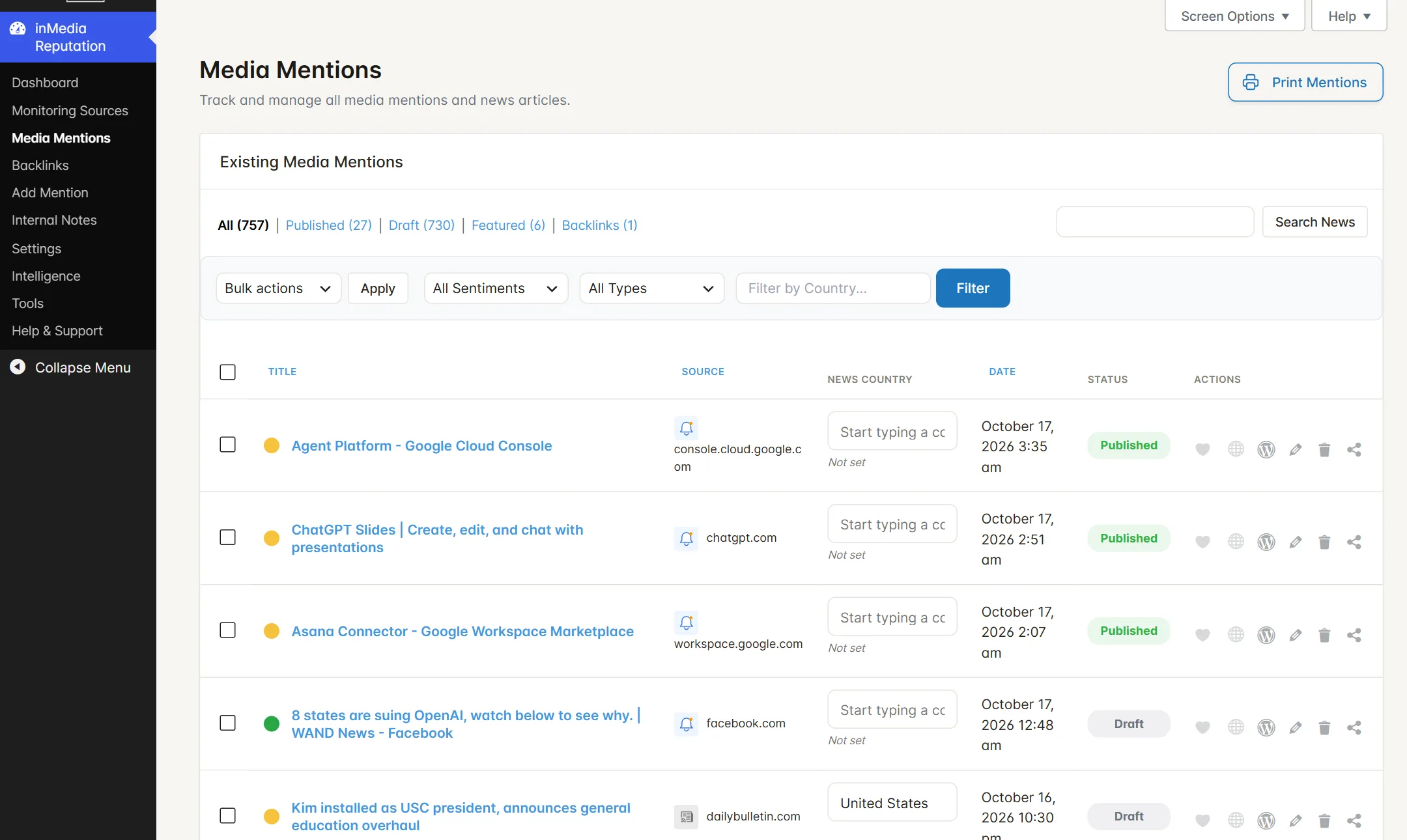 inMedia Reputation Media Mentions screen: every mention with its source, country, sentiment and status, with the Backlinks view in the status row