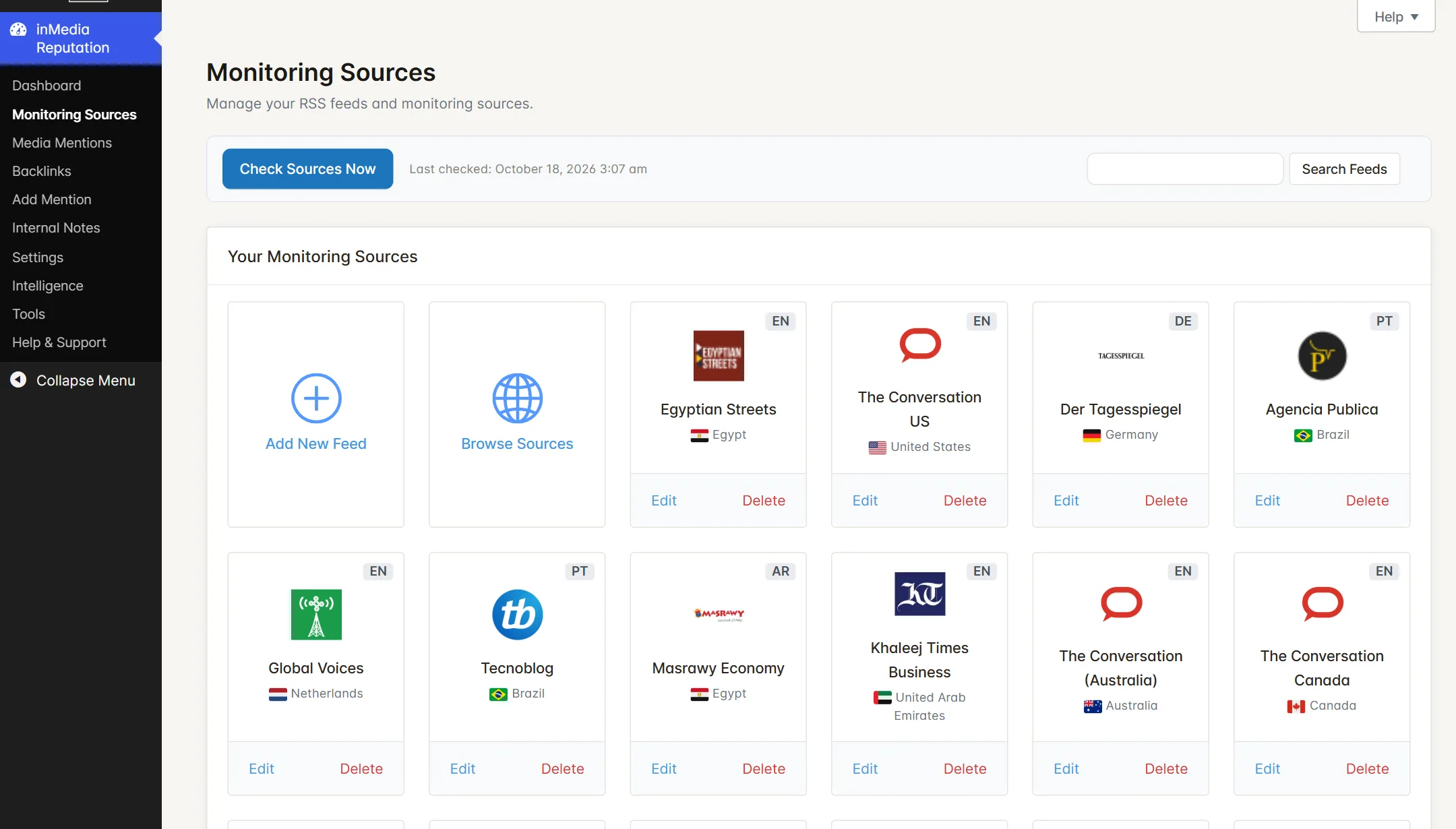 inMedia Reputation Monitoring Sources screen: news sources with their country and language